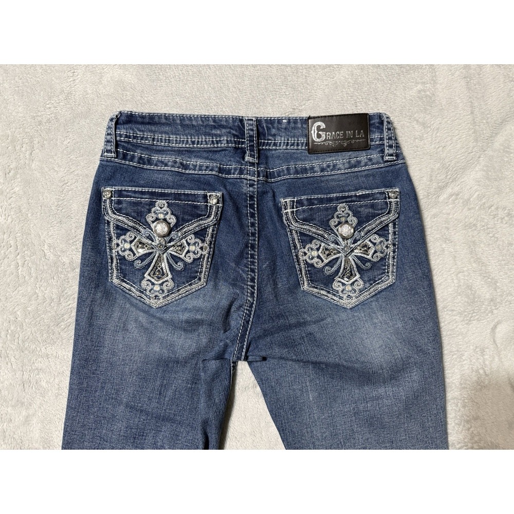Grace In LA Jeans Womens 27 Blue Embroidered Cross Western‎ Bootcut 27x29.5